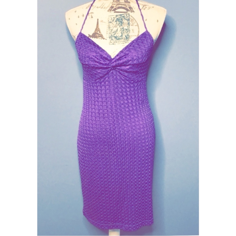 Express true vintage 90s Y2K ruched crochet knit purple halter dress size 5/6